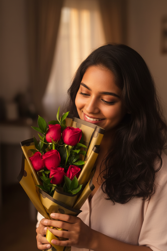 Chica recibiendo ramo de rosas