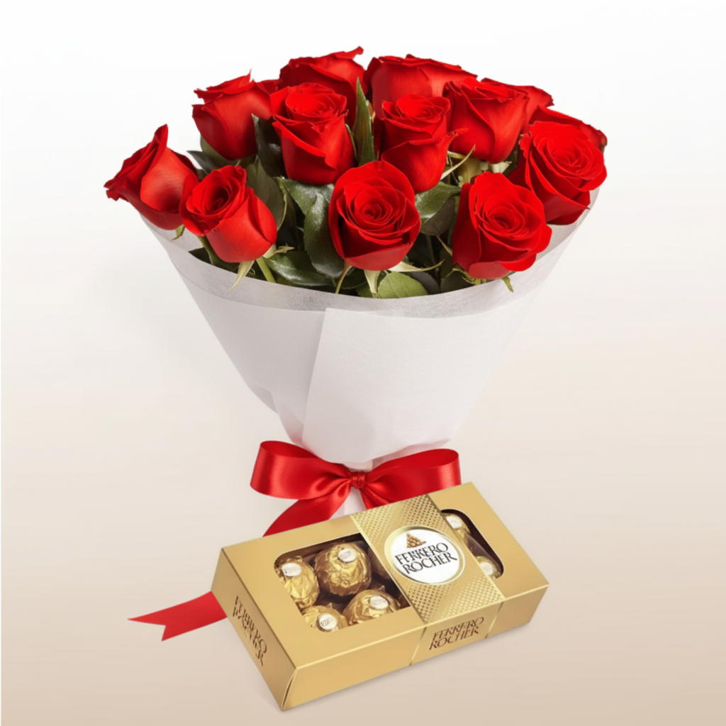 Bouquet de 16 Rosas Rojas con Chocolates Ferrero Rocher