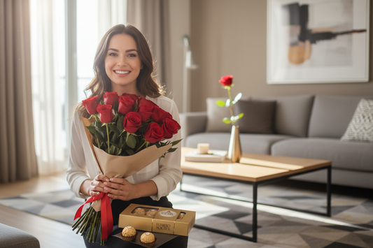 Mujer recibiendo rosas y chocolates