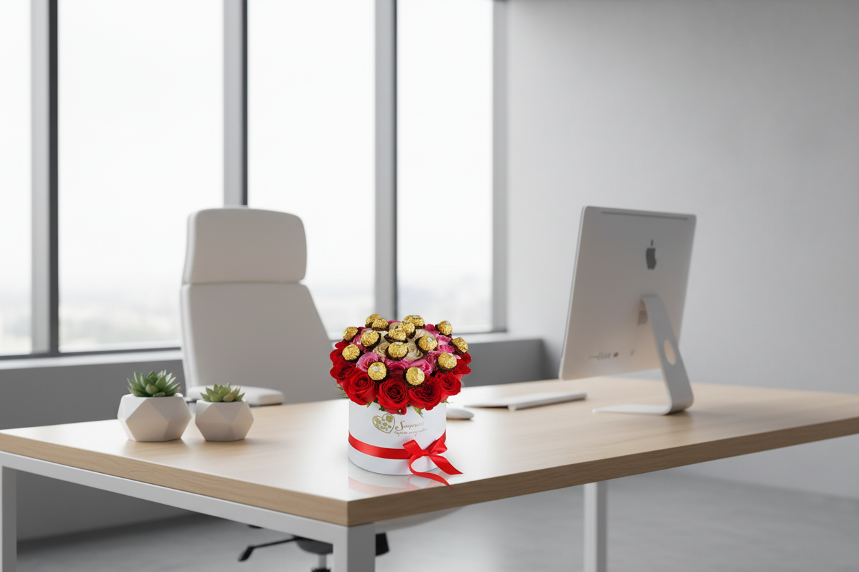 Arreglo de rosas y chocolates en oficina