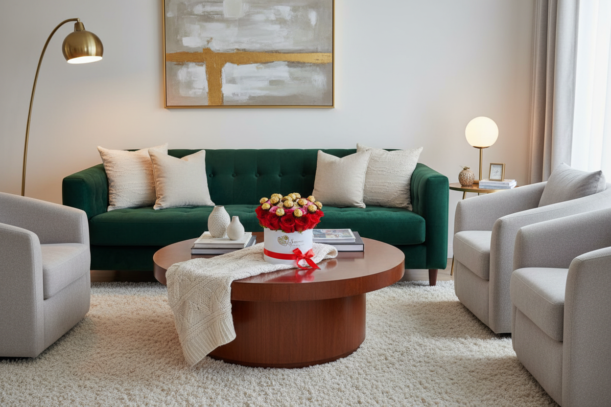 Arreglo de rosas y chocolates en sala