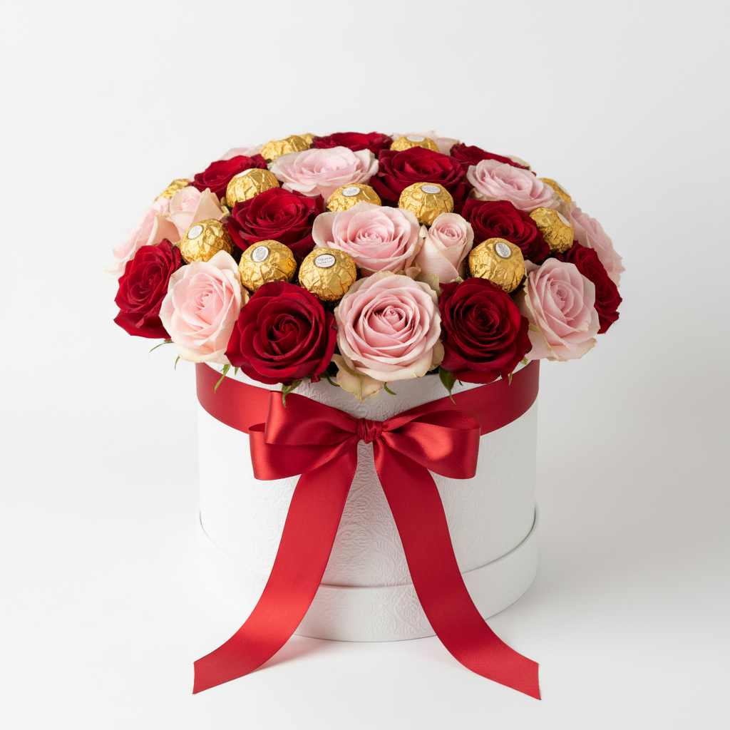 Caja de rosas con chocolates formato cuadrado