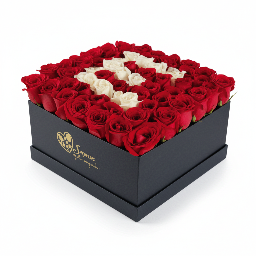 Caja rosas corazón fondo blanco
