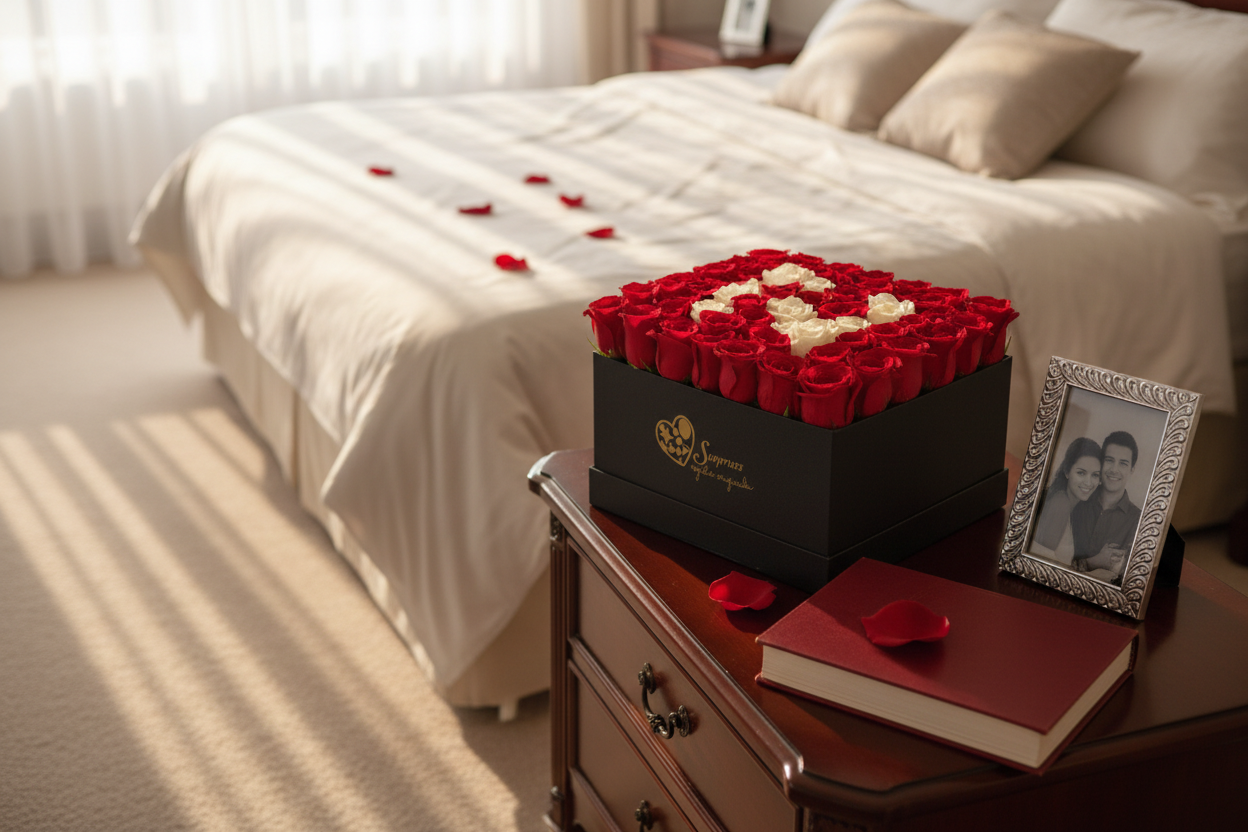 Caja rosas en habitación romántica