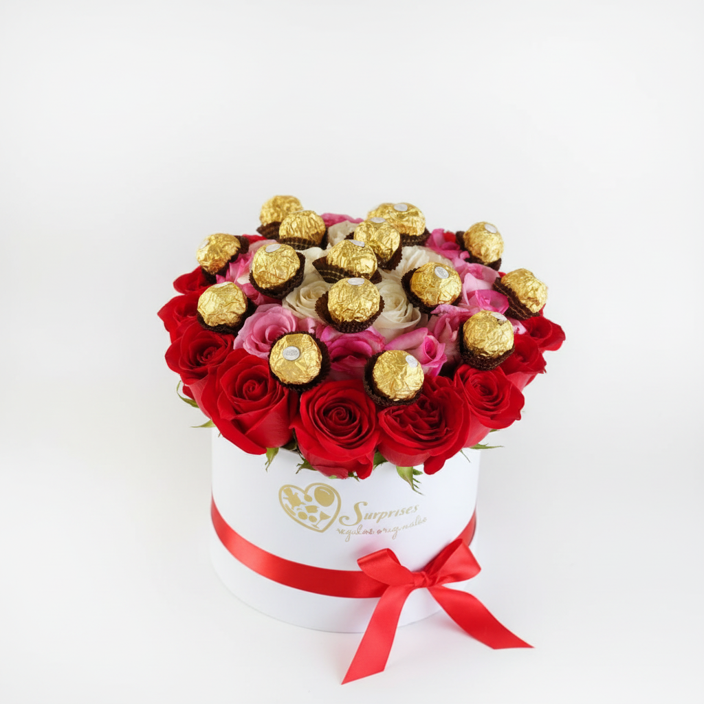 Caja de 26-30 Rosas con 16 Chocolates Ferrero Rocher