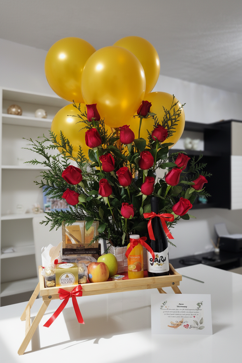 Desayuno sorpresa premium con rosas frescas y productos gourmet Madrid