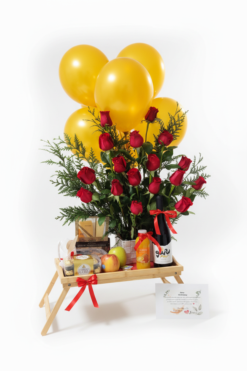 Desayuno sorpresa gourmet con rosas rojas y globos a domicilio Madrid