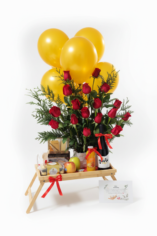 Desayuno sorpresa gourmet con rosas rojas y globos a domicilio Madrid