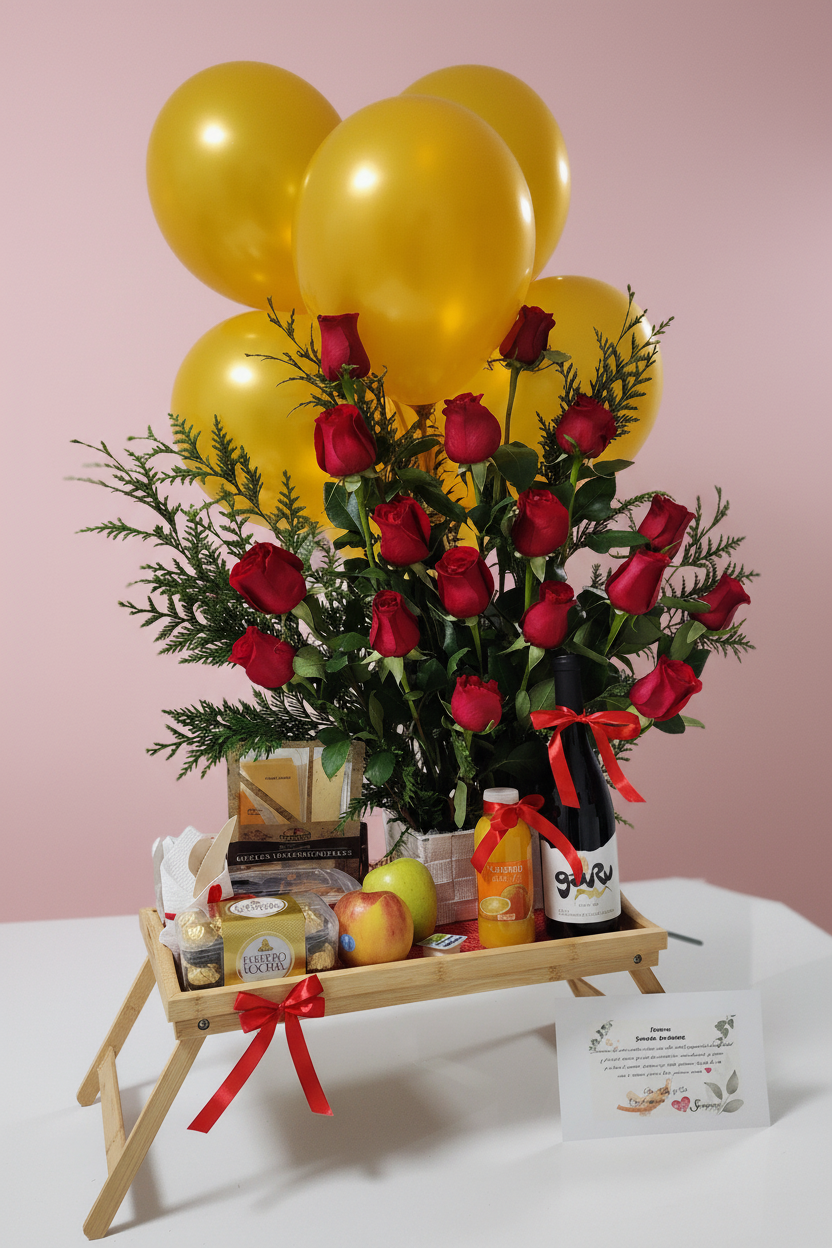 Regalo desayuno romántico con rosas rojas entrega mismo día Madrid