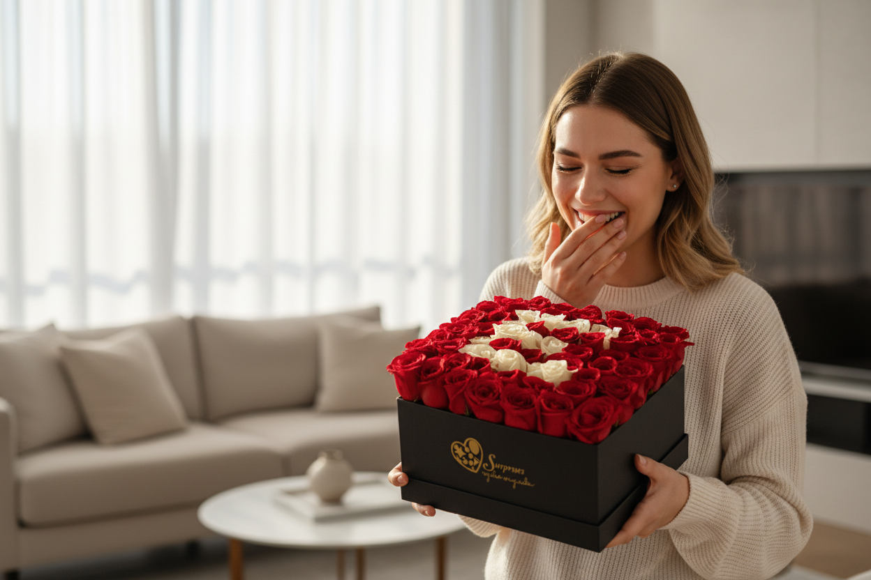 Mujer emocionada recibiendo caja rosas