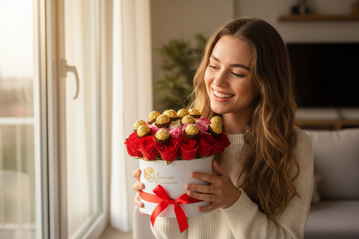 Mujer recibiendo arreglo de rosas y chocolates