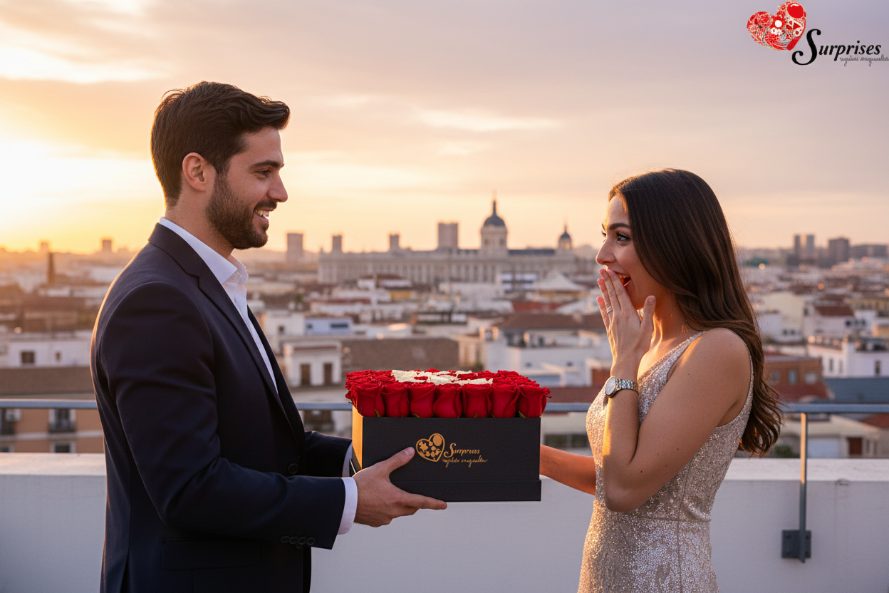 Pareja celebrando con caja rosas