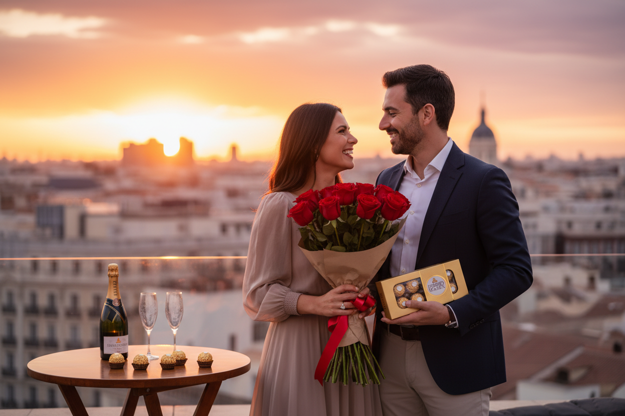 Pareja con rosas en terraza