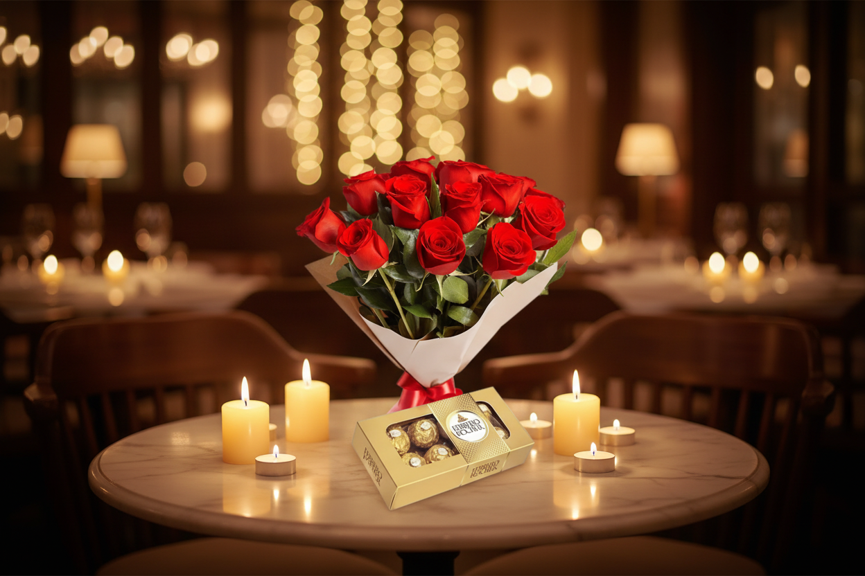 Rosas y chocolates cena romántica